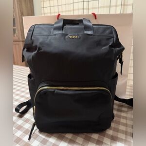 TUMI Irma Women's Black Designer Nylon Framed Travel Backpack, Gold Hardwae